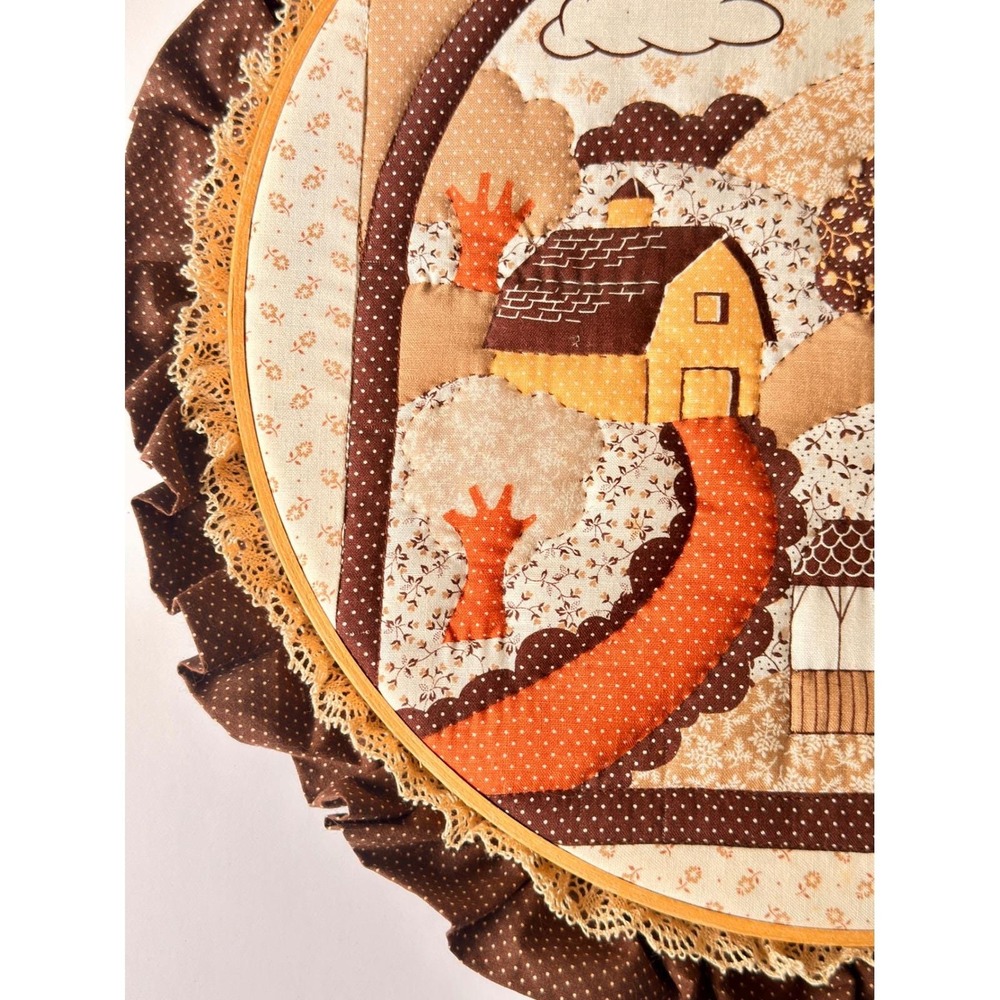 Vintage Handmade Fabric Applique Village Landscape Hoop Wall Art Ruffle 12in - Picture 7 of 11